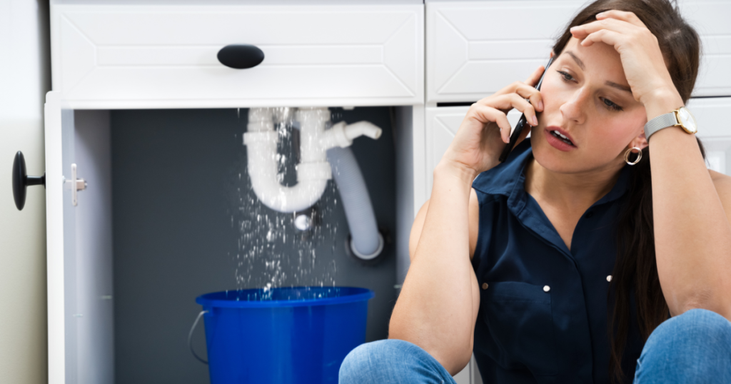 woman with plumbing problem worrying about who to call for garbage disposal repair